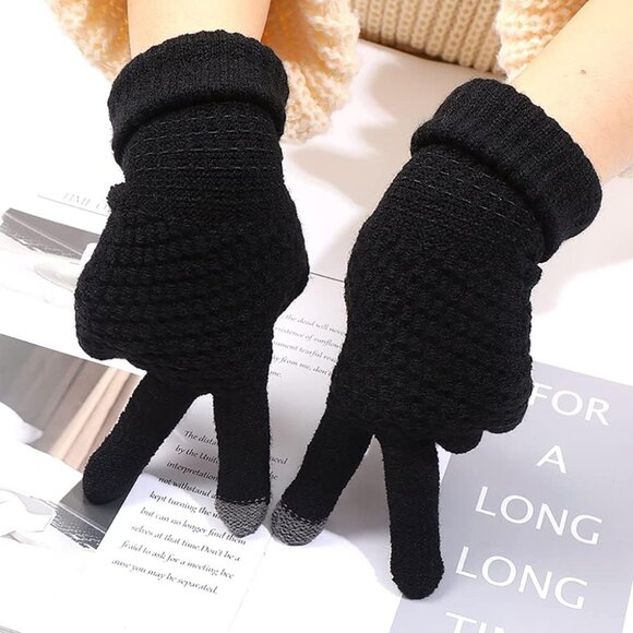 Women's 2 Pairs Black Beige Winter Touch Screen Gloves Elastic Cuff Winter Glove - Picture 7 of 7